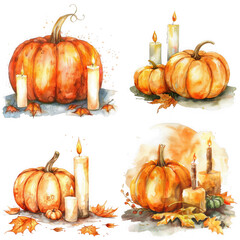 Set of isolates without background featuring pumpkins and candles for a festive autumn theme.