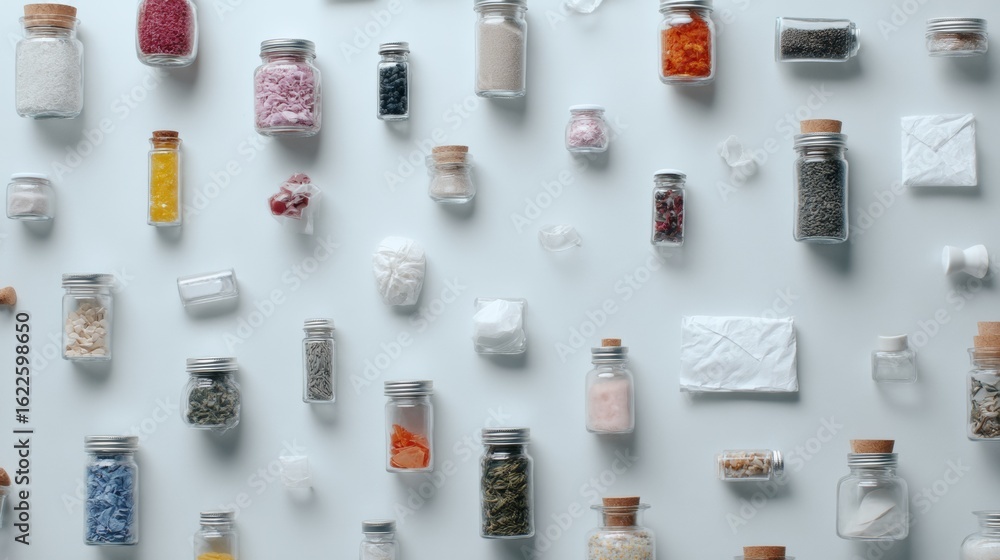 Poster flat lay collection of small jars and containers with spices for ingredient photography and recipe d