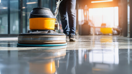 Cleaning an office floor with a polishing machine under bright sunlight for a spotless shine and immaculate appearance