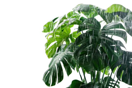 Rainwater droplets cascade down lush green monstera leaves in a bright and refreshing indoor garden