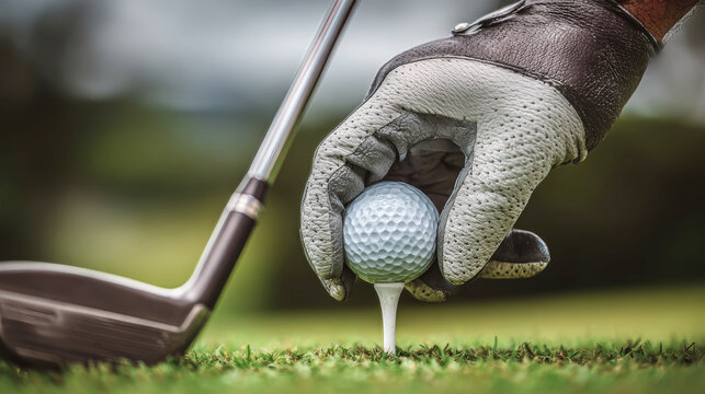 Skilled golfer preparing for a powerful swing with a club and ball on the tee at a stunning golf course