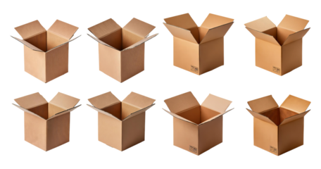 Variety of Open Cardboard Boxes in Different Angles and Positions, Bundle Set Collection, Isolated on Transparent Background