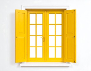 Vibrant yellow window with open shutters, a symbol of warmth and invitation