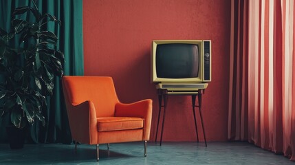 Vintage living room with red chair and retro television for nostalgia interior design and decor editorial scene