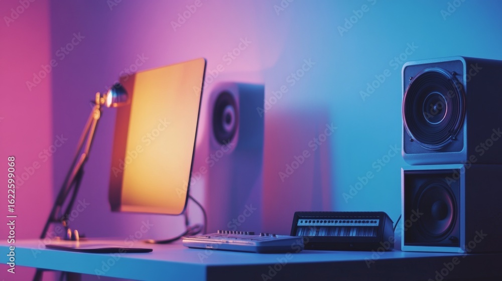 Poster modern desktop computer setup with vibrant lighting and speakers for technology gaming and creative 