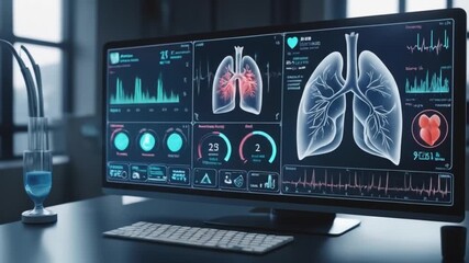 Human lung anatomy with digital health monitor displaying vital signs and heart rate graphs in a futuristic medical technology interface. 4k video - Powered by Adobe