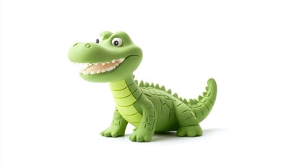 Playful green crocodile toy isolated on white background.