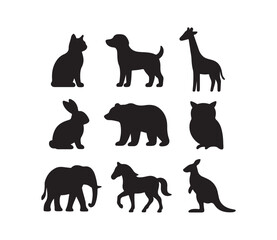Obraz premium Animal Silhouette Icon Set – Wild and Domestic Creatures in Black Vector Design