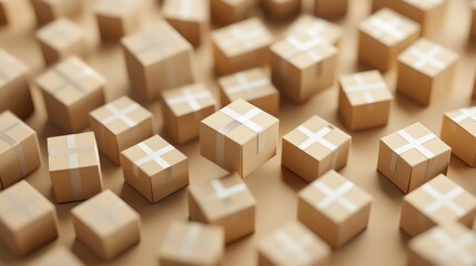 Fototapeta premium Top view of many brown cardboard gift boxes with ribbons for ecommerce delivery celebration and packaging visuals