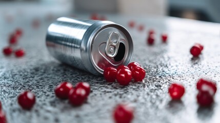 Spilled soda can with red berries on textured surface for refreshment beverage food styling and advertising concept