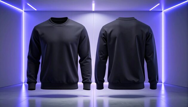Blank hoodie mockup .Blank sweatshirt black color preview template front and back view on white and neon background. crew neck mock up isolated on white marble background. Cloth collection.	