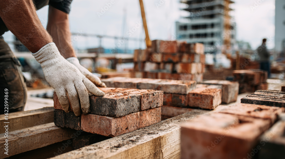 Poster building with care as worker lays red and tan bricks for new apartment complex in bustling construct