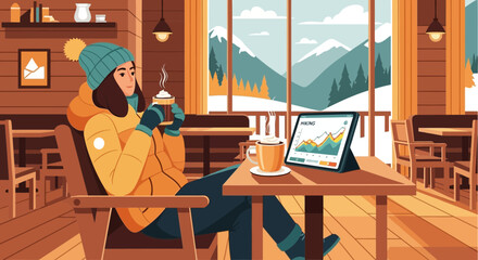 Cozy Cafe Scene With Woman Enjoying Hot Drink And Technology