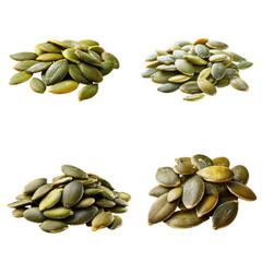 Set of isolates without background featuring various types of pumpkin seeds.