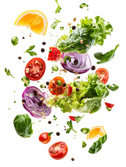 A Realistic Photo of Fresh Salad,Vegetables and Ingredients with Flying on Transparent Background