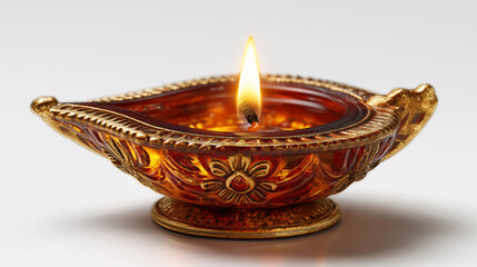 Glowing Oil Lamp: A close-up of an ornate golden oil lamp, the warm glow of a flickering flame. It evokes a sense of spirituality, tranquility, and cultural richness.