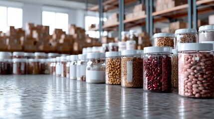 Bulk dry food jars on metal shelves in food warehouse for grocery market supply visuals