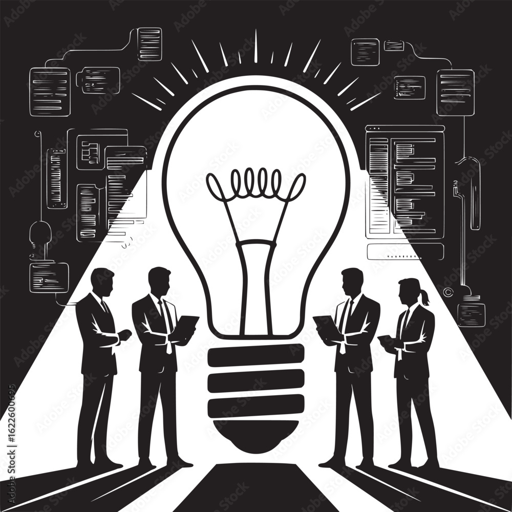 Poster business team brainstorming ideas with light bulb and data visualizations in black and white style