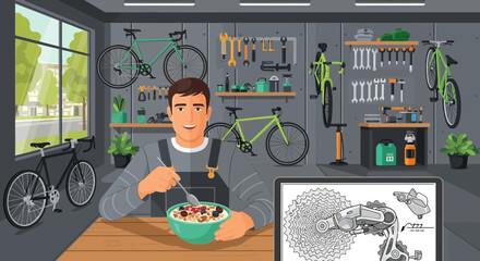 Man Having Breakfast While Watching Bike Repair Tutorials In Workshop