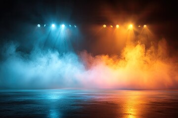 Dramatic stage lighting, smoke, and reflective floor