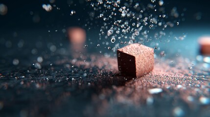 Falling chocolate cube in splash of liquid and glitter for gourmet dessert promotional visuals
