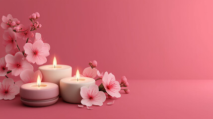 Pink Candles with Floral Accent: A tranquil and captivating scene unfolds, featuring three softly glowing candles adorned with delicate pink flowers. The composition radiates warmth, serenity.