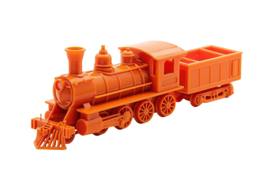 Bright orange toy train model designed for children’s playtime and imaginative adventures in a vibrant setting