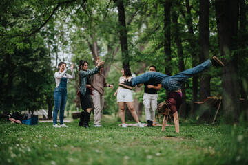 A cheerful group of friends spend time outdoors, enjoying nature and engaging in fun activities.