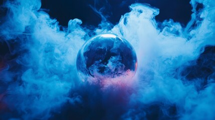 Glass sphere enveloped in vibrant blue and pink smoke against a dark background.