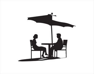 Two individuals relaxing at a restaurant under an umbrella, black silhouette, vector icon
