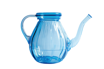 Clear blue watering can sits on a table, ready for gardening tasks during a sunny afternoon in the backyard