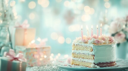 Happy birthday celebration with cake, candles on blurred background 