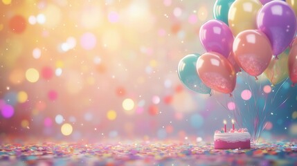 birthday celebration with colorful balloons, confetti, and cake on a festive background, soft blurred background