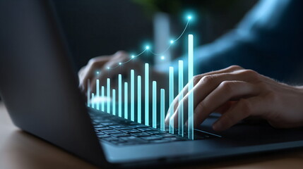Man or woman hand typing on laptop keyboard with bar chart and rising line. Business growth success chart.