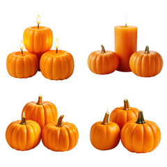 Set of isolates without background featuring decorative pumpkins and candles for halloween.