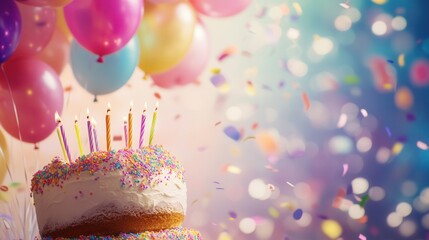 birthday celebration with colorful balloons, confetti, and cake on a festive background, soft blurred background