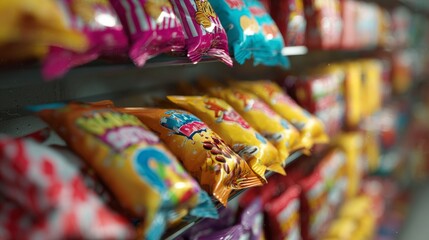 Colorful snack chip bags on store shelf in perspective for retail and grocery product branding visuals