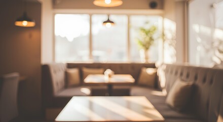 Fototapeta premium Modern Cafe Interior With Comfortable Seating, Blurred Background
