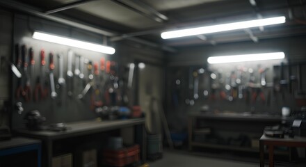 Well Lit Industrial Workshop Interior With Various Tools Hanging On Walls, Blurred Background