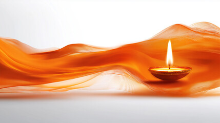 Serene Candlelight Dance: A single, lit candle casts a warm, inviting glow, its flame dancing gracefully against a backdrop of flowing orange fabric, creating a tranquil atmosphere.