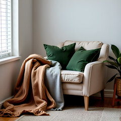 Cozy living room corner with green decorative pillows, a warm blanket, and a neutral cushion on a stylish chair