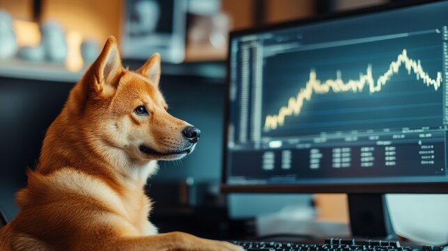 Shiba Inu dog sits at desk, gazing at stock market graph displayed on computer monitor.