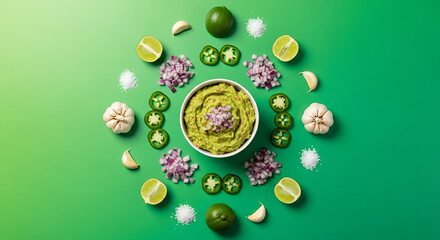 Mandala Pattern of Guacamole and Ingredients on Vibrant Green Background