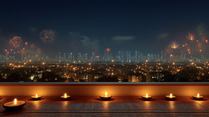 City Lights and Firework Display: A breathtaking panorama of a city at night, the skyline illuminated by the warm glow of buildings and the vibrant streaks of fireworks.