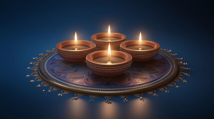 Glowing Diwali Lamps:  Four lit diyas arranged in a captivating symmetrical pattern on an ornate tray, radiating warmth against a deep blue background.