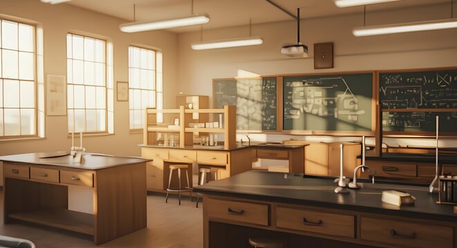 Sunlit Classroom With Wood Furniture And Laboratory Equipment, Blurred Background
