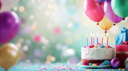 Happy birthday celebration with gifts, party hats, and balloons on blurred background 