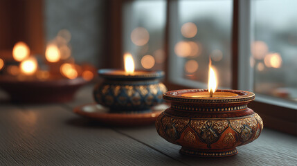 Burning Candlelight Reverie: Intimate close-up of candles, showcasing gentle light in an elegant ambiance. Emphasizing the beauty of illuminated space.