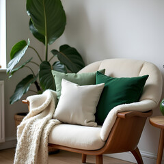 Cozy living room corner with green decorative pillows, a warm blanket, and a neutral cushion on a stylish chair