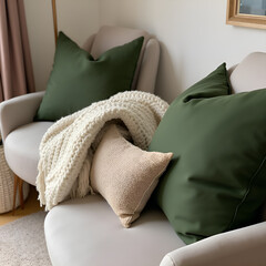 Cozy living room corner with green decorative pillows, a warm blanket, and a neutral cushion on a stylish chair